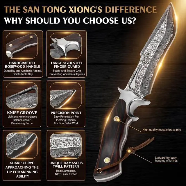 Alt view image 3 of 7 - Damascus Hunting Knife 10.4" Fixed Blade VG10 Leather Sheath | 107-layer hand-forged bowie construction with ergonomic rosewood handle for outdoor camping and survival