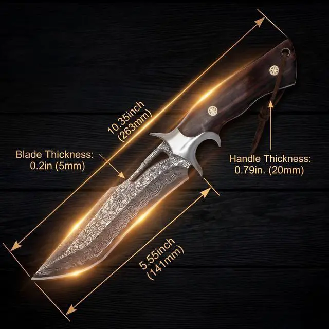 Alt view image 4 of 7 - Damascus Hunting Knife 10.4" Fixed Blade VG10 Leather Sheath | 107-layer hand-forged bowie construction with ergonomic rosewood handle for outdoor camping and survival