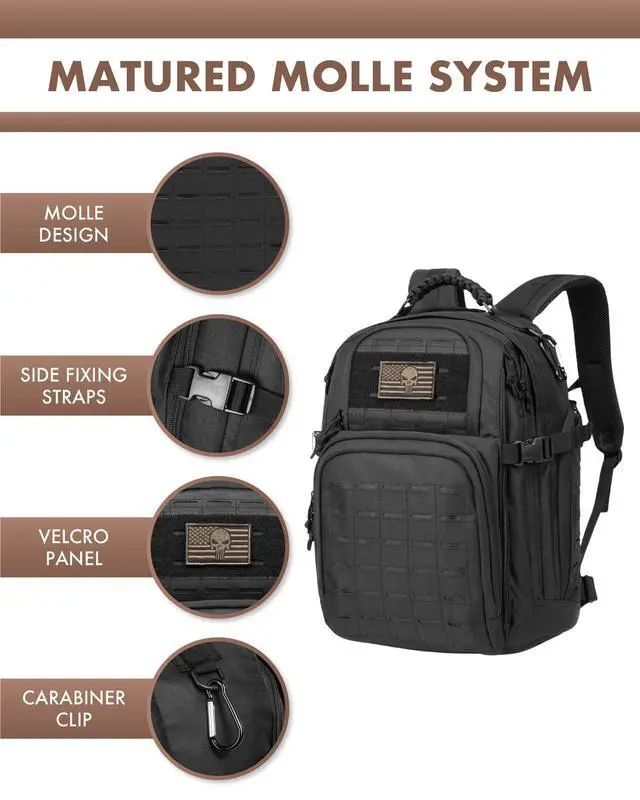 Alt view image 3 of 7 - Military Tactical Backpack 40L for Men, Hiking Camping Molle EDC Daypack Army Assault Pack Lightweight Work Backpack with Water Bladder Compartment, Black