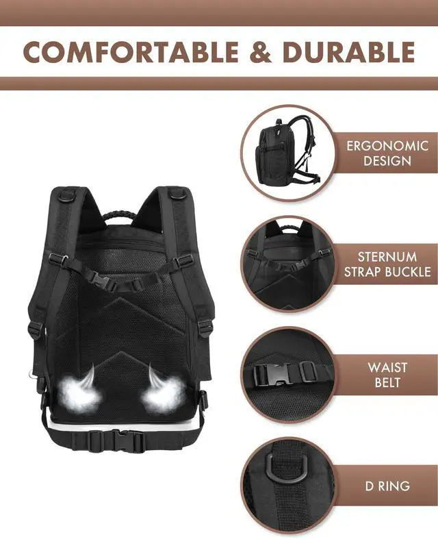 Alt view image 4 of 7 - Military Tactical Backpack 40L for Men, Hiking Camping Molle EDC Daypack Army Assault Pack Lightweight Work Backpack with Water Bladder Compartment, Black