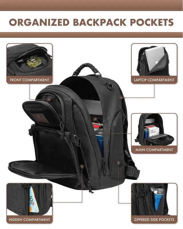 Alt view image 5 of 7 - Military Tactical Backpack 40L for Men, Hiking Camping Molle EDC Daypack Army Assault Pack Lightweight Work Backpack with Water Bladder Compartment, Black