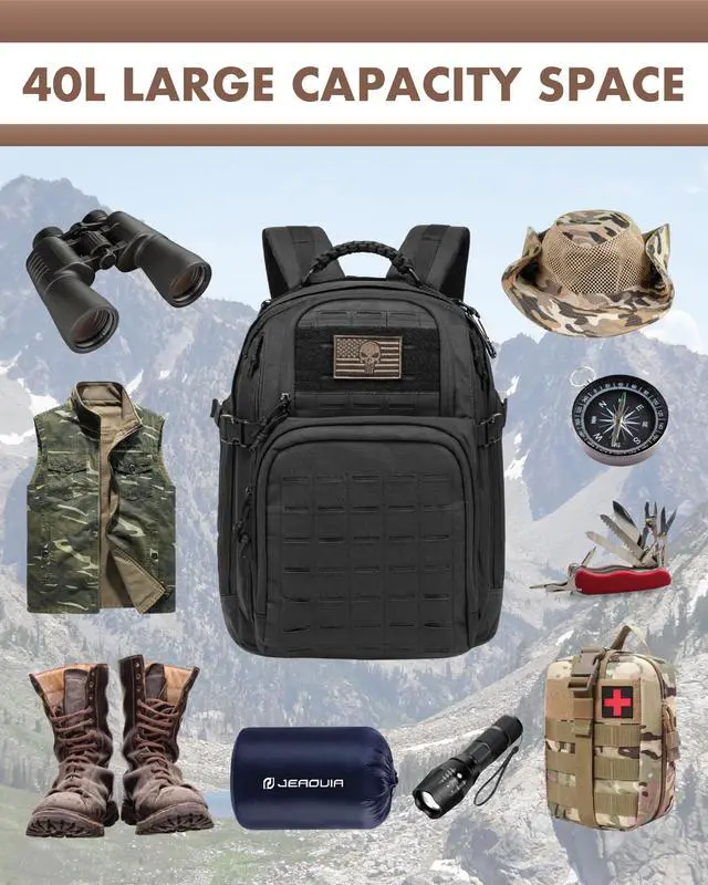 Alt view image 7 of 7 - Military Tactical Backpack 40L for Men, Hiking Camping Molle EDC Daypack Army Assault Pack Lightweight Work Backpack with Water Bladder Compartment, Black