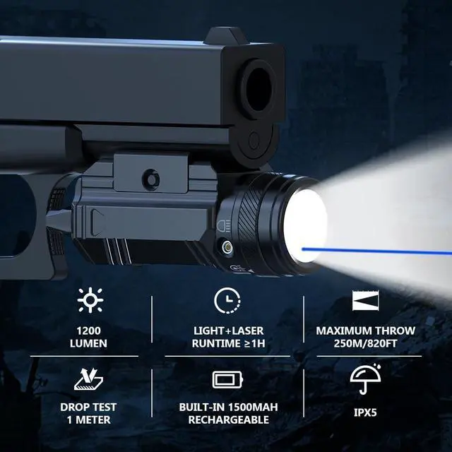Alt view image 2 of 7 - 1200 Lumen Pistol Light Laser Combo Blue Beam Tactical Flashlight, Pistol Flashlight Adjustable Slide Locating Keys for Picatinny