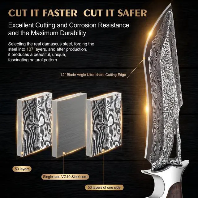 Alt view image 5 of 7 - Damascus Hunting Knife 10.4" Fixed Blade VG10 Leather Sheath | 107-layer hand-forged bowie construction with ergonomic rosewood handle for outdoor camping and survival
