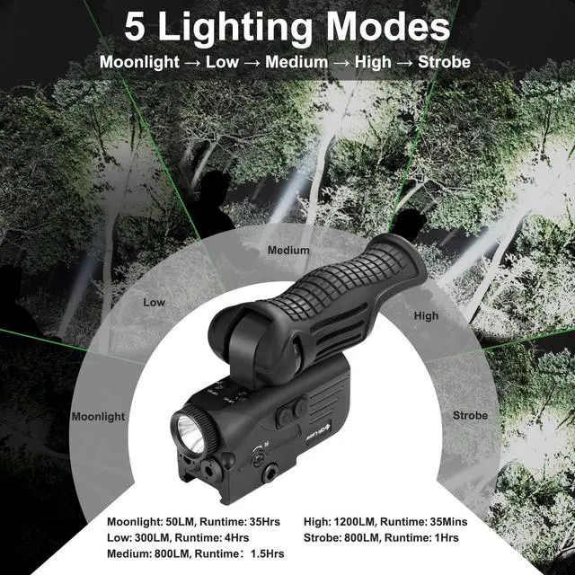 Alt view image 2 of 6 - 1200 Lumens LED White Flashlight with Dual Laser Sights, Rechargeable Laser Beams with 5 LED Light Modes - Hard Anodized Aluminum for Picatinny Rail Mount, Laser Class IIIA, Less Than 5mW