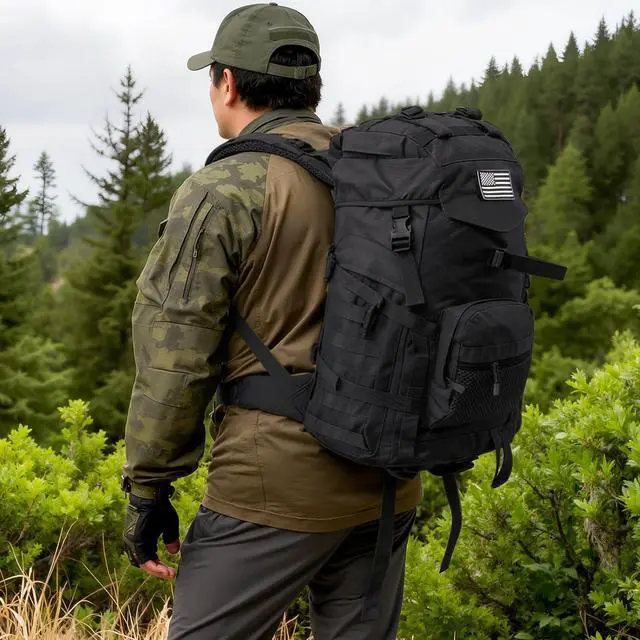 Alt view image 2 of 7 - 50L Tactical Backpack for Men and Women, Water-Resistant Molle Rucksack, Large Military Assault Pack for Hiking, Hunting, Camping, Gym & Outdoor Survival Black