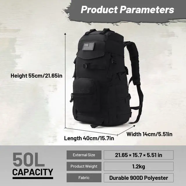 Alt view image 3 of 7 - 50L Tactical Backpack for Men and Women, Water-Resistant Molle Rucksack, Large Military Assault Pack for Hiking, Hunting, Camping, Gym & Outdoor Survival Black