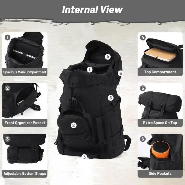 Alt view image 6 of 7 - 50L Tactical Backpack for Men and Women, Water-Resistant Molle Rucksack, Large Military Assault Pack for Hiking, Hunting, Camping, Gym & Outdoor Survival Black