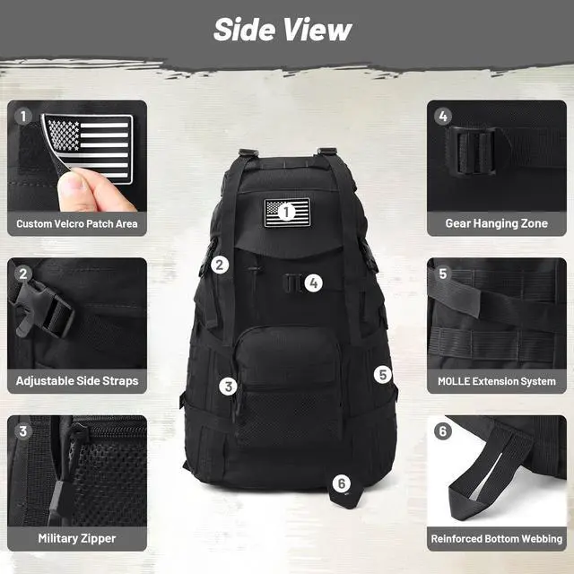 Alt view image 7 of 7 - 50L Tactical Backpack for Men and Women, Water-Resistant Molle Rucksack, Large Military Assault Pack for Hiking, Hunting, Camping, Gym & Outdoor Survival Black