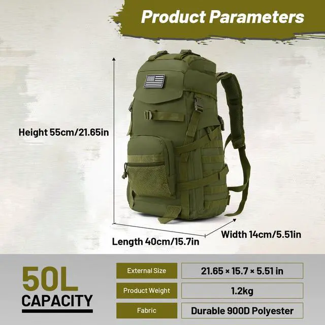 Alt view image 3 of 7 - 50L Tactical Backpack for Men and Women, Water-Resistant Molle Rucksack, Large Military Assault Pack for Hiking, Hunting, Camping, Gym & Outdoor Survival Green