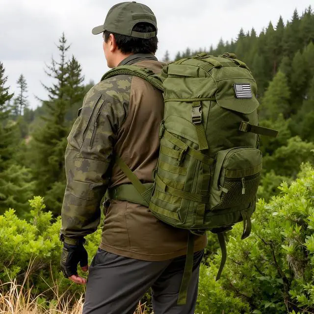 Alt view image 2 of 7 - 50L Tactical Backpack for Men and Women, Water-Resistant Molle Rucksack, Large Military Assault Pack for Hiking, Hunting, Camping, Gym & Outdoor Survival Green