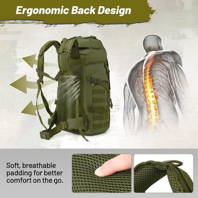 Alt view image 4 of 7 - 50L Tactical Backpack for Men and Women, Water-Resistant Molle Rucksack, Large Military Assault Pack for Hiking, Hunting, Camping, Gym & Outdoor Survival Green