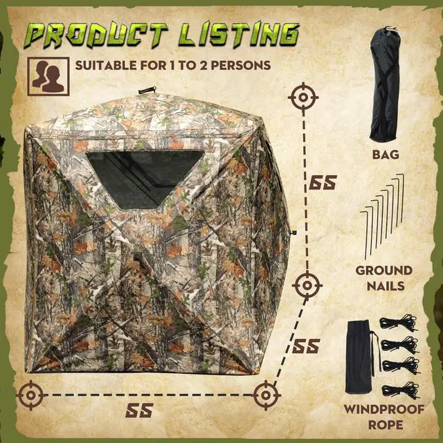Alt view image 6 of 6 - Hunting Blind, 2 Person Pop Up Blinds 360 Degree See Through, Portable Durable Hunting Ground Blinds for Deer & Turkey Hunting