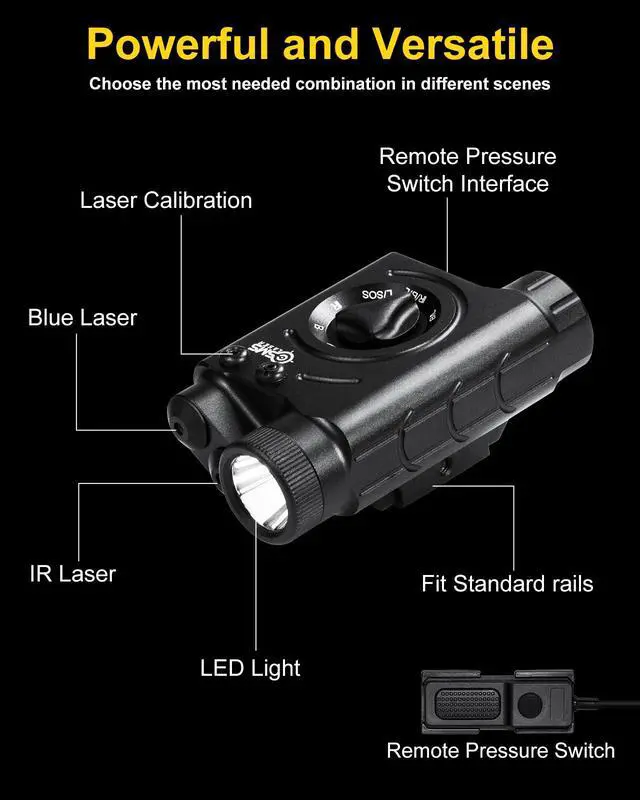 Alt view image 4 of 6 - 1200 Lumens Tactical Laser Light Combo for Rifle, Weapon Light + Blue Laser + IR Laser Compatible with Picatinny/M-LOK Rails, 3-Level Light Brightness, Laser Output Less Than 5mW, Class IIIA