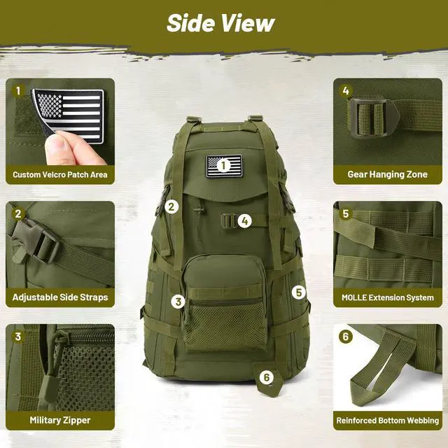Alt view image 7 of 7 - 50L Tactical Backpack for Men and Women, Water-Resistant Molle Rucksack, Large Military Assault Pack for Hiking, Hunting, Camping, Gym & Outdoor Survival Green