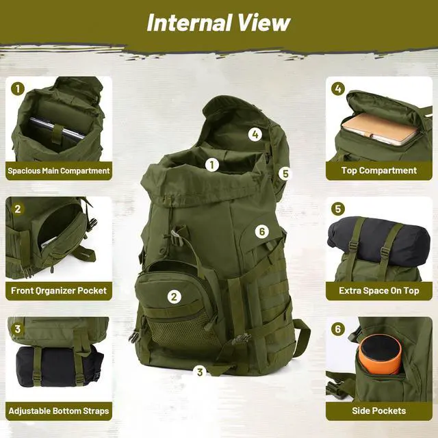 Alt view image 6 of 7 - 50L Tactical Backpack for Men and Women, Water-Resistant Molle Rucksack, Large Military Assault Pack for Hiking, Hunting, Camping, Gym & Outdoor Survival Green