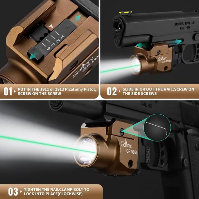 Alt view image 6 of 7 - 1500 Lumens Compact Weapon Laser Light, Aircraft Grade Aluminum Pistol Light, Adjustable Rail-Mounted Handgun Light and Green Laser Combo