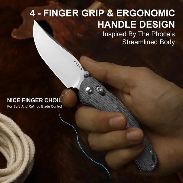 Alt view image 4 of 7 - Phoca CC Pocket Knife, 2.93" Clip Point Satin AEB-L Blade Folding Knives with Black Norplex UltreX Micarta Handle, Thumb Stud Opener & Clutch Lock EDC knife for Men Women V3780A3