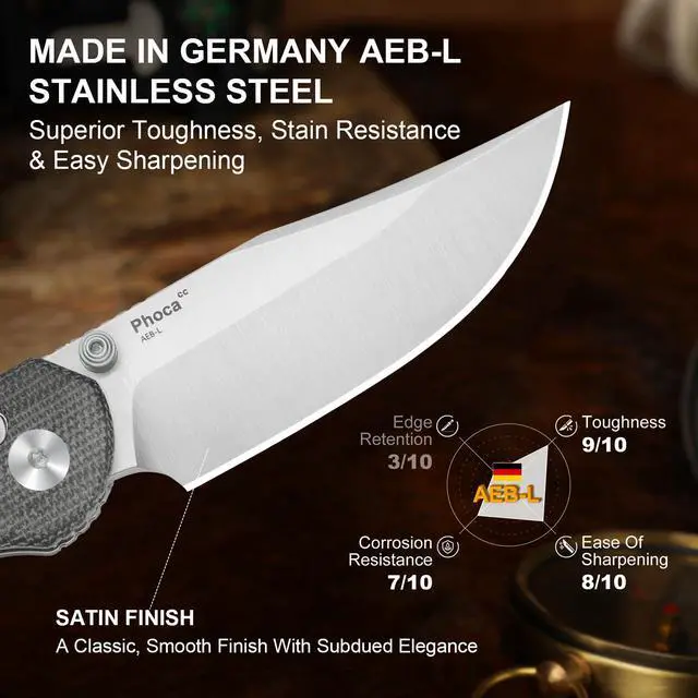 Alt view image 5 of 7 - Phoca CC Pocket Knife, 2.93" Clip Point Satin AEB-L Blade Folding Knives with Black Norplex UltreX Micarta Handle, Thumb Stud Opener & Clutch Lock EDC knife for Men Women V3780A3