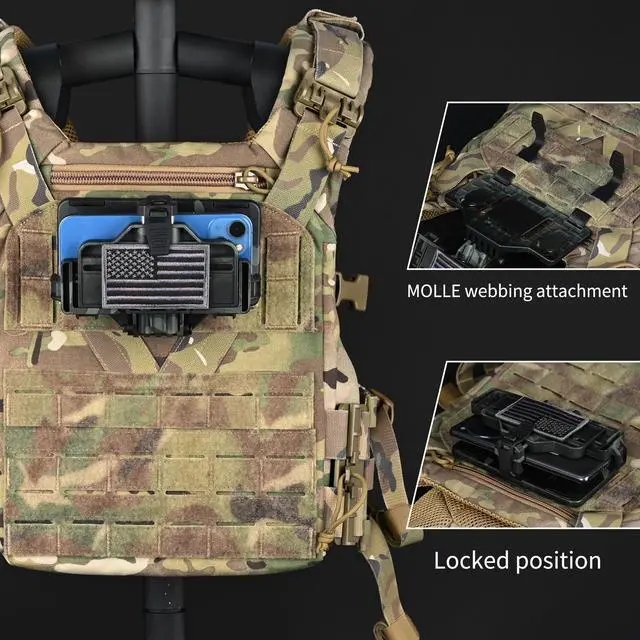 Alt view image 4 of 7 - Tactical Gear Plate Carrier Vest Accessories, MOLLE Phone Chest Mount Holder for 6.0"-7.7" Screens, Quick-Release and Adjustable Tactical Phone Holder for Police Vest