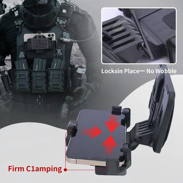 Alt view image 7 of 7 - Tactical Gear Plate Carrier Vest Accessories, MOLLE Phone Chest Mount Holder for 6.0"-7.7" Screens, Quick-Release and Adjustable Tactical Phone Holder for Police Vest