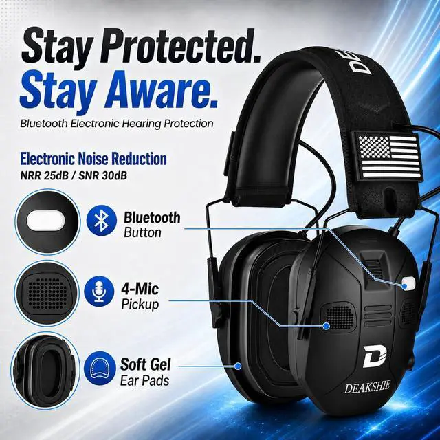 Alt view image 2 of 7 - Electronic Shooting Ear Protection Earmuffs, Bluetooth | NRR 25dB Protection 6X Clear Commands Gunshot Reduction 4-Mic Awareness Gel Comfort Bluetooth Audio 4H Auto-Off