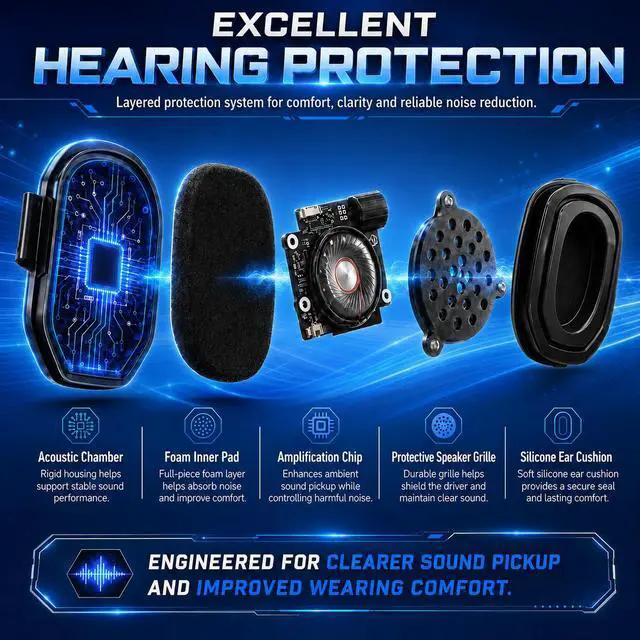 Alt view image 4 of 7 - Electronic Shooting Ear Protection Earmuffs, Bluetooth | NRR 25dB Protection 6X Clear Commands Gunshot Reduction 4-Mic Awareness Gel Comfort Bluetooth Audio 4H Auto-Off