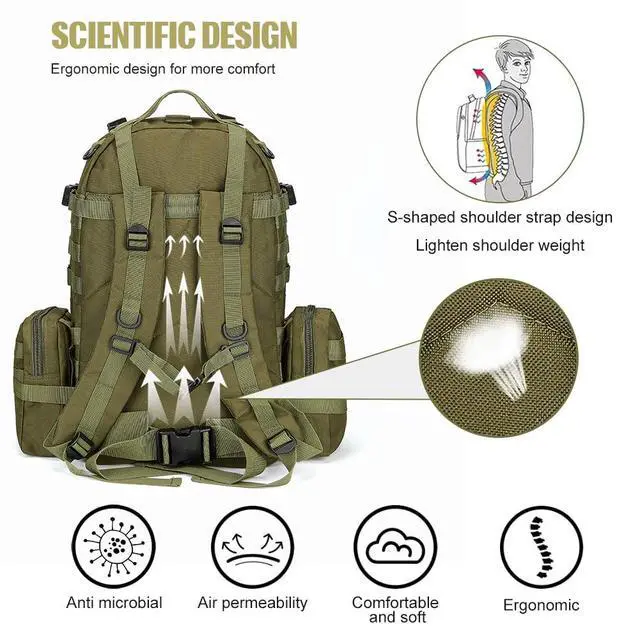Alt view image 5 of 7 - Large Military Tactical Backpack for Men, 40-50L Backpacks for Women, Bug out Bag Army 3 Days Pack Bags Rucksack with Molle System Green