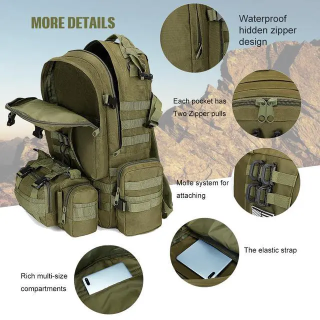 Alt view image 7 of 7 - Large Military Tactical Backpack for Men, 40-50L Backpacks for Women, Bug out Bag Army 3 Days Pack Bags Rucksack with Molle System Green