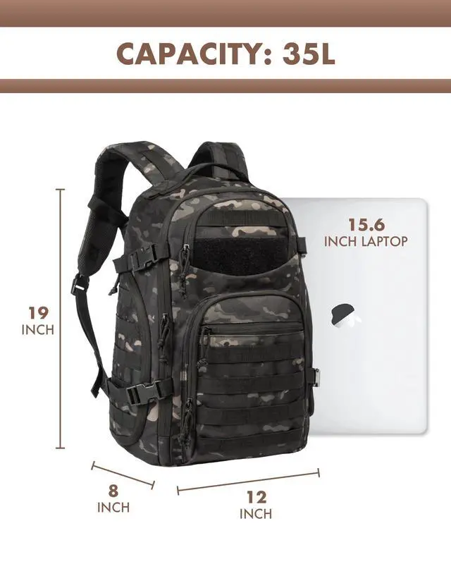 Alt view image 2 of 7 - Military Tactical Backpack for Men, 35L Tactical Laptop Backpack, Tactical Bag Bug Out Bag, Army 3 Days Assault Pack - Black&Camo