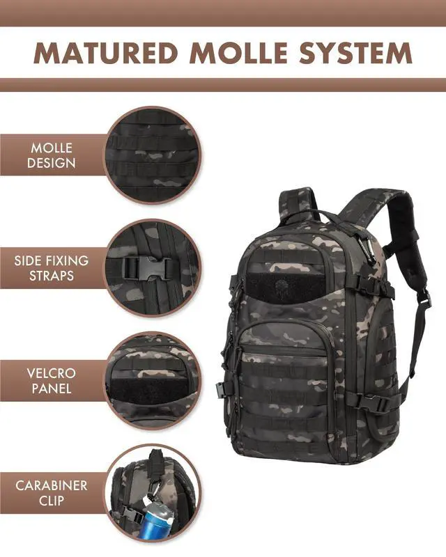 Alt view image 3 of 7 - Military Tactical Backpack for Men, 35L Tactical Laptop Backpack, Tactical Bag Bug Out Bag, Army 3 Days Assault Pack - Black&Camo