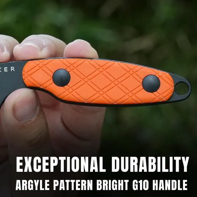 Alt view image 3 of 7 - Muskrat Fixed Blade Knife, Argyle Pattern Orange G10 Handle, 1064M2 | 3.15" D2 Clip Point Black Blade, Small EDC Neck Knife with Black Sheath for Outdoor Hunting Survival Camping