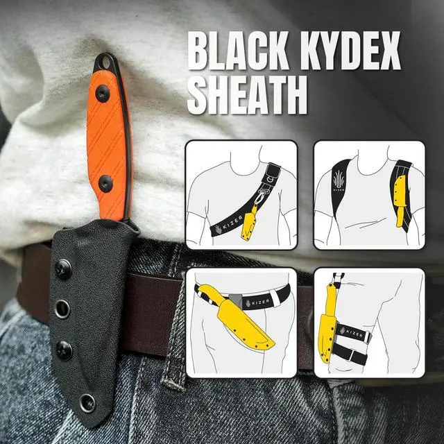 Alt view image 6 of 7 - Muskrat Fixed Blade Knife, Argyle Pattern Orange G10 Handle, 1064M2 | 3.15" D2 Clip Point Black Blade, Small EDC Neck Knife with Black Sheath for Outdoor Hunting Survival Camping
