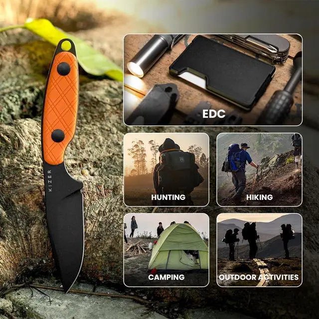 Alt view image 7 of 7 - Muskrat Fixed Blade Knife, Argyle Pattern Orange G10 Handle, 1064M2 | 3.15" D2 Clip Point Black Blade, Small EDC Neck Knife with Black Sheath for Outdoor Hunting Survival Camping