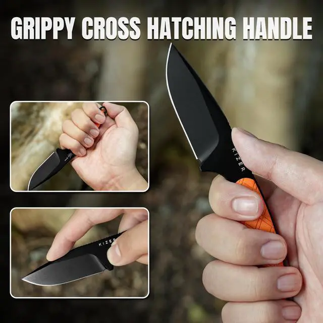 Alt view image 4 of 7 - Muskrat Fixed Blade Knife, Argyle Pattern Orange G10 Handle, 1064M2 | 3.15" D2 Clip Point Black Blade, Small EDC Neck Knife with Black Sheath for Outdoor Hunting Survival Camping