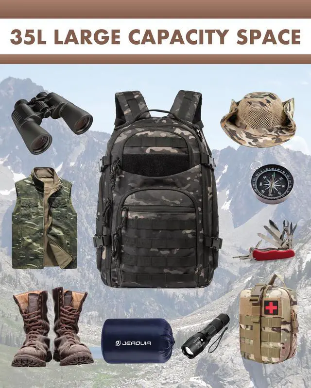 Alt view image 6 of 7 - Military Tactical Backpack for Men, 35L Tactical Laptop Backpack, Tactical Bag Bug Out Bag, Army 3 Days Assault Pack - Black&Camo