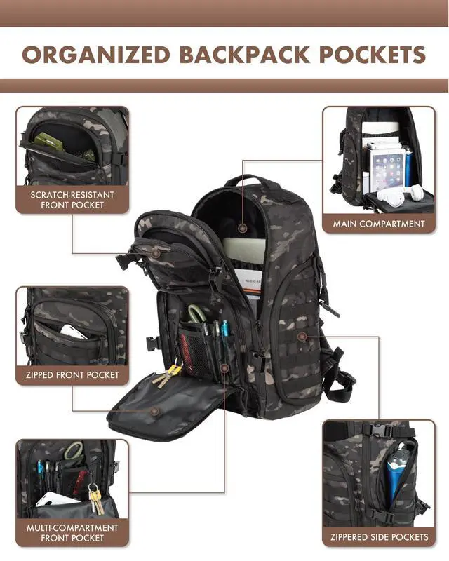 Alt view image 5 of 7 - Military Tactical Backpack for Men, 35L Tactical Laptop Backpack, Tactical Bag Bug Out Bag, Army 3 Days Assault Pack - Black&Camo