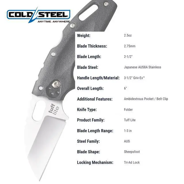 Alt view image 5 of 6 - Tuff Lite 2.5" AUS8A Sheepsfoot Razor-Sharp Plain Blade 3.5" Griv-Ex Handle Pocket Folding Knife