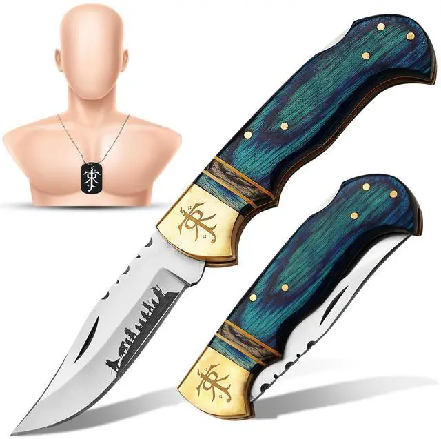 Main image of Hundex 3.25" Folding Pocket Knife, 420HC Blade, Pakka Wood Handle, Brass Lord of the Rings Symbol, EDC Tactical Knife with Gift Locket, Ideal for Camping, Survival, and Gifts (Blue sheath)