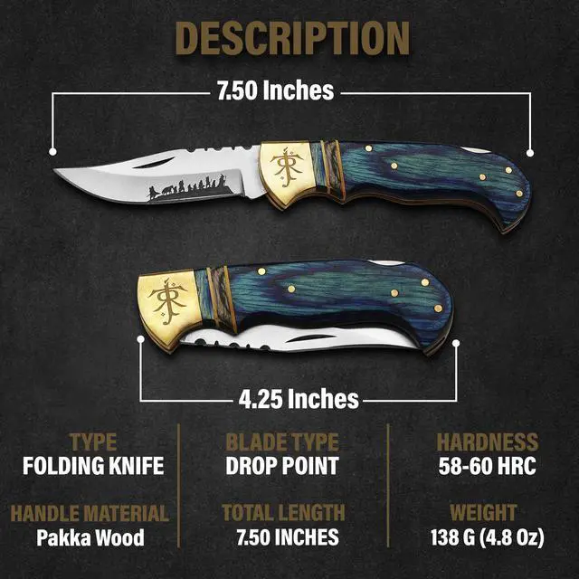 Alt view image 3 of 6 - Hundex 3.25" Folding Pocket Knife, 420HC Blade, Pakka Wood Handle, Brass Lord of the Rings Symbol, EDC Tactical Knife with Gift Locket, Ideal for Camping, Survival, and Gifts (Blue sheath)
