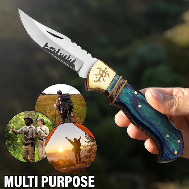 Alt view image 5 of 6 - Hundex 3.25" Folding Pocket Knife, 420HC Blade, Pakka Wood Handle, Brass Lord of the Rings Symbol, EDC Tactical Knife with Gift Locket, Ideal for Camping, Survival, and Gifts (Blue sheath)