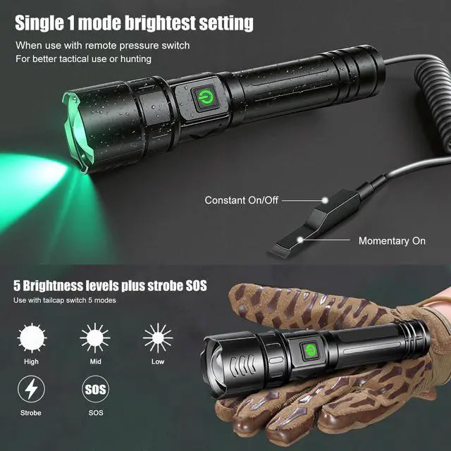 Alt view image 3 of 7 - USB-C Rechargeable Green Flashlight Zoomable 1000 Yard Pressure Switch Scope Rail Mount Hogs Predators Night Hunting (30)