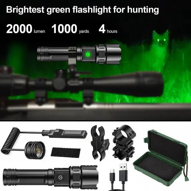 Alt view image 6 of 7 - USB-C Rechargeable Green Flashlight Zoomable 1000 Yard Pressure Switch Scope Rail Mount Hogs Predators Night Hunting (30)