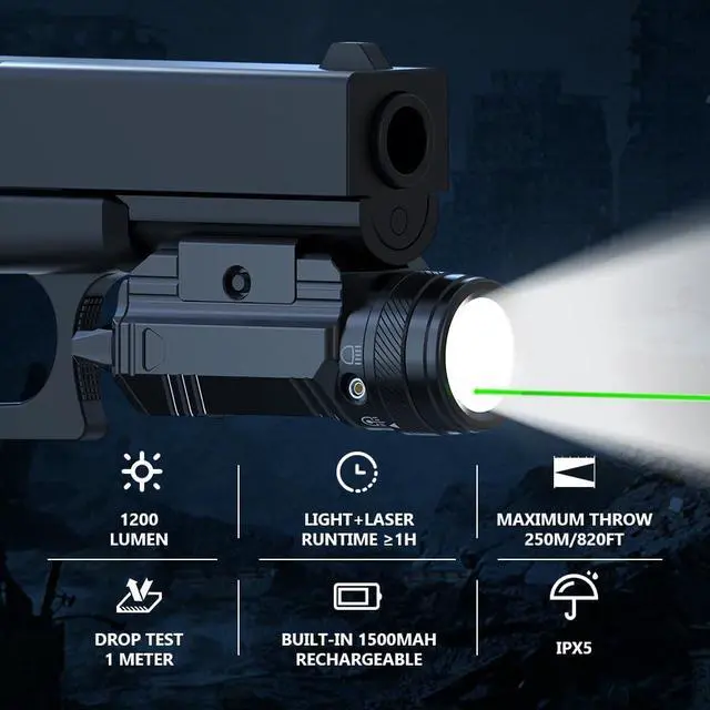 Alt view image 2 of 7 - 1200 Lumen Pistol Light Laser Combo Green Beam Tactical Flashlight, Pistol Flashlight Adjustable Slide Locating Keys for Picatinny