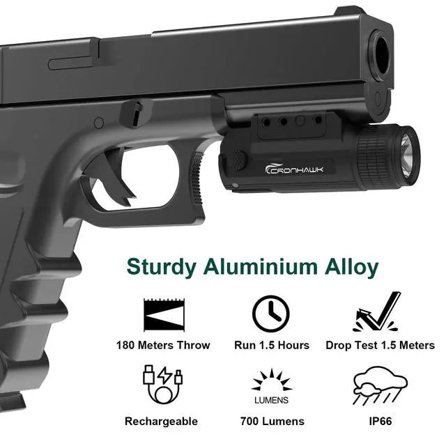 Alt view image 4 of 6 - 2 Pieces Rechargeable 700 Lumen Pistol Flashlight Rail Mounted Handgun Light