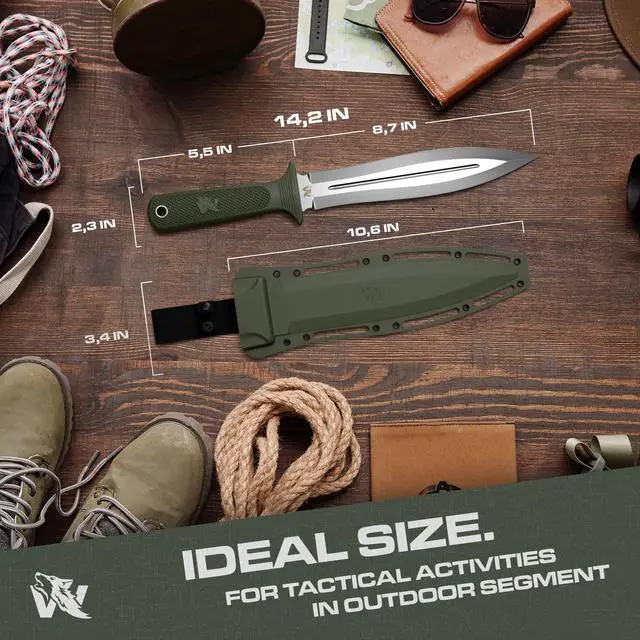 Alt view image 6 of 7 - ODENWOLF W-SowCatcher Fixed Blade Knife with Sheath - Large Hunting Knife made of D2 steel - Big Fixed Blade Double Edge Knife with TPE Handle