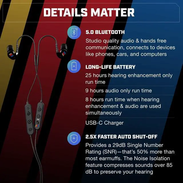 Alt view image 5 of 6 - GS Extreme NASCAR 2.0 Shooting Ear Buds, 25-Hour Hearing Protection | Hearing Enhancement & Noise Isolation Bluetooth Earbuds With Dynamic Speakers, NASCAR Edition