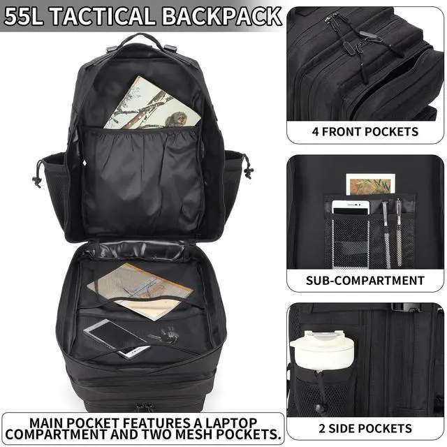 Alt view image 2 of 7 - 55L Tactical Backpack Heavy Duty Military Rucksack Molle Backpack 3 Day Assault Pack for Work Outdoors
