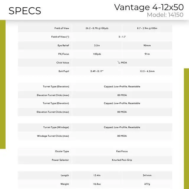 Alt view image 5 of 7 - Vantage 4-12x50 SFP Riflescope | Shockproof Waterproof Fogproof Hunting Riflescope with 30/30 Duplex Reticle, 1 Inch Mono-Tube, Capped Low-Profile Turrets, Fast Focus Eyebell