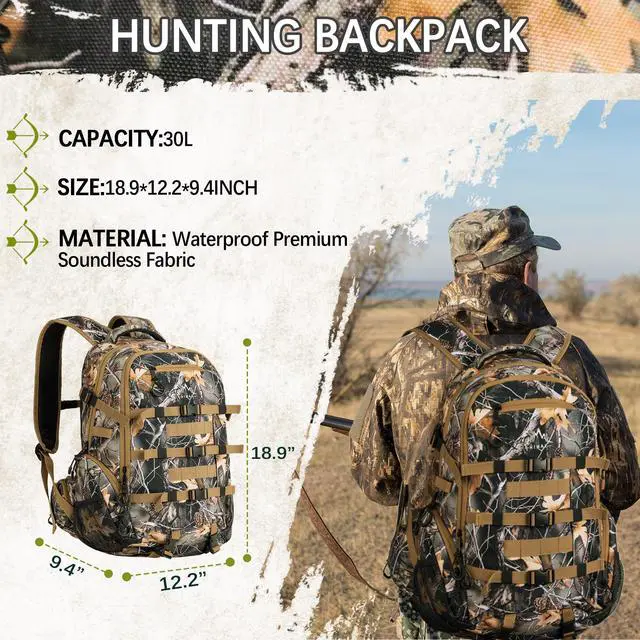 Alt view image 2 of 5 - Hunting Backpack,30L Camo Daypack for Deer Bowhunting | Waterproof,600D Fabric,Hunting Gear,Rain Cover,Large CapacityHunting Day Pack